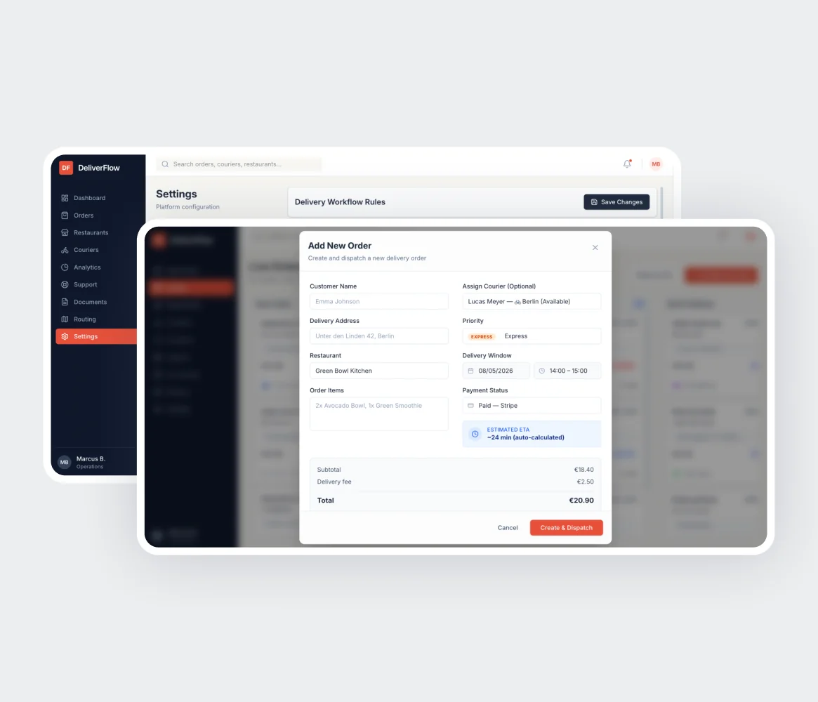 CRM-Dialog zum Anlegen einer Bestellung mit Kurierzuweisung, Lieferfenster und Zahlungsstatus