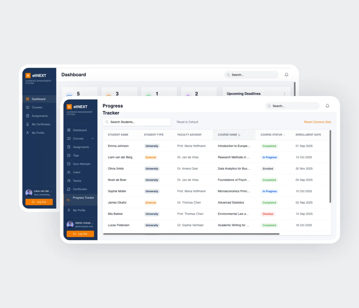 eliNEXT LMS: Dashboard und Fortschrittsverfolgung der Studierenden
