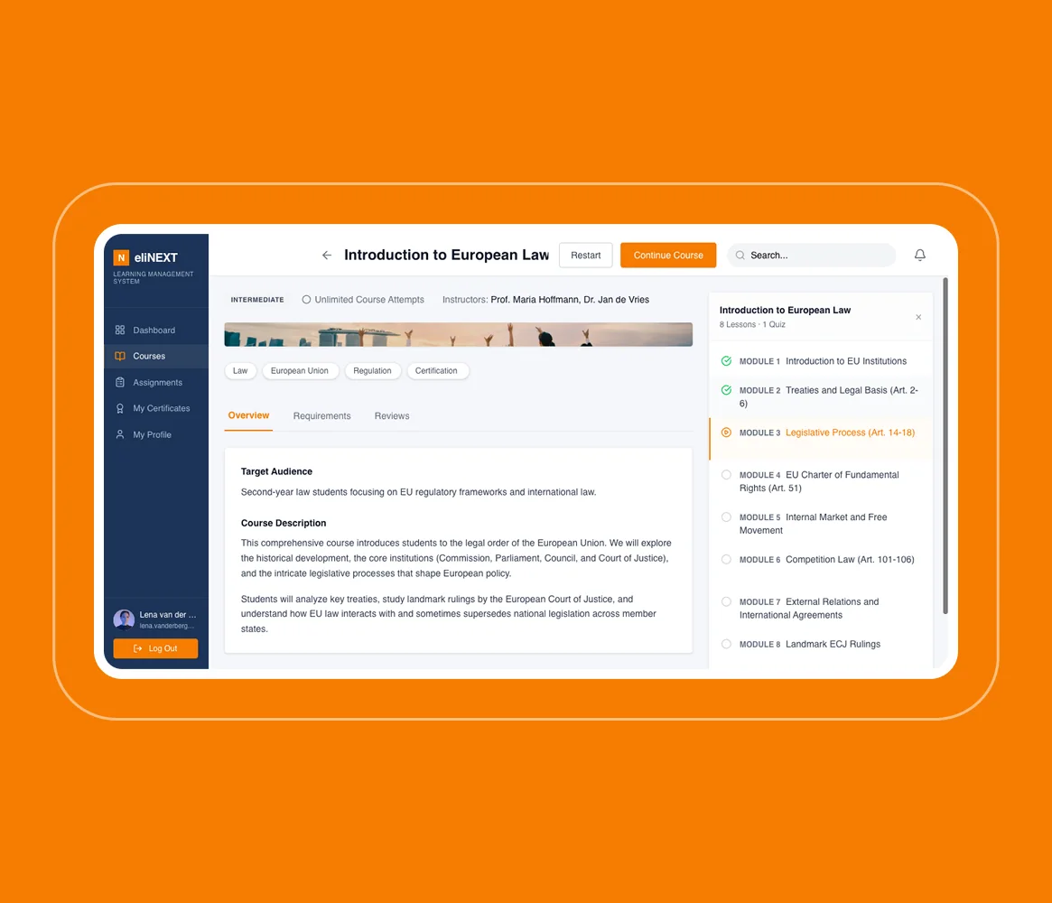 eliNEXT LMS: Kursdetailseite mit Modulübersicht