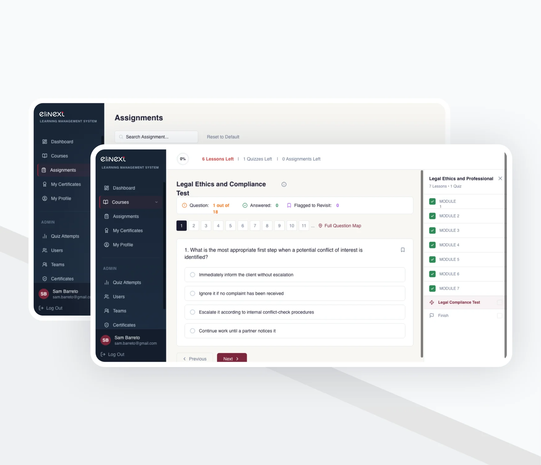 Ansicht der Aufgabenliste und eines Compliance-Tests im LMS