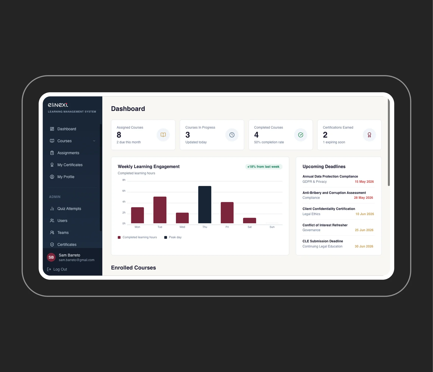 Dashboard-Ansicht des LMS mit Kursstatus und anstehenden Fristen